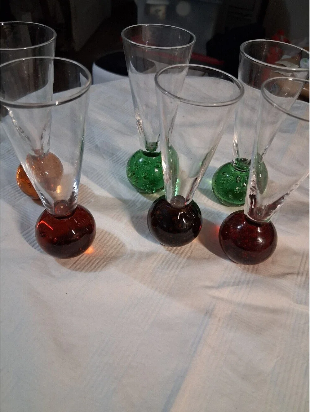 Set of 5 Vintage Glass Shot Glasses with Colored Bubble Base